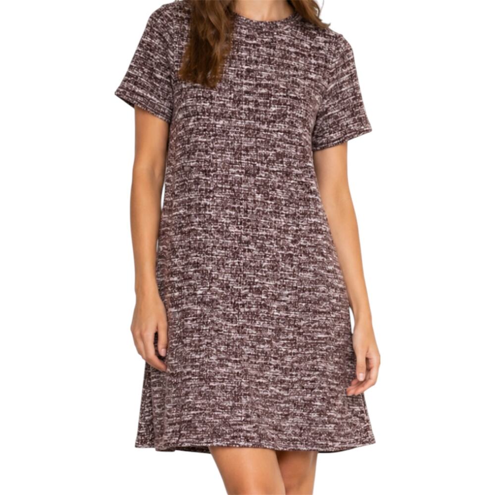 Anthropologie Antionette Dress Tweed Shift Short Sleeve Keyhole Maroon Pink S
